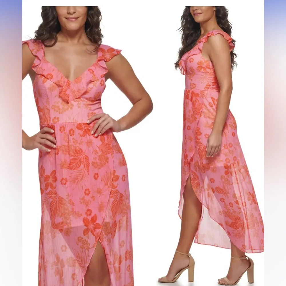 GUESS Pink Floral Ruffle Chiffon High-Low Dress - Picture 2 of 4